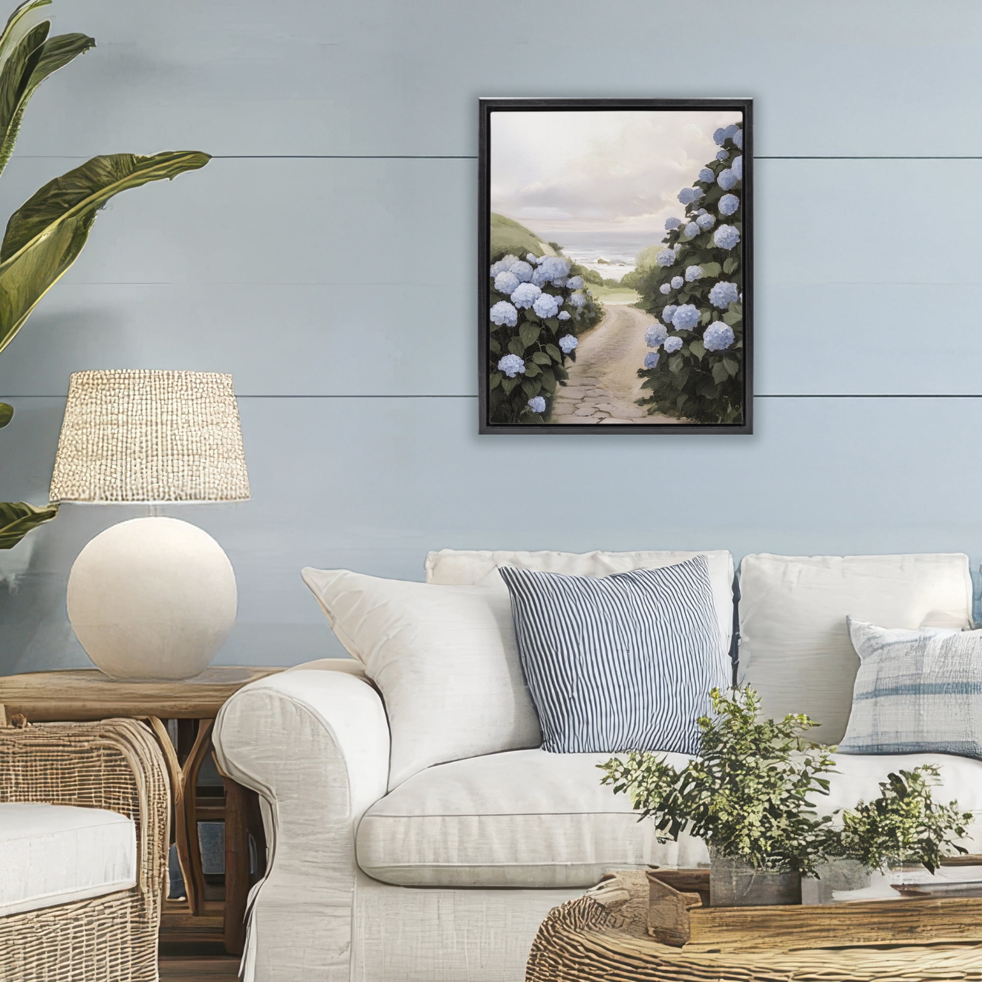 Stupell Industries Coastal Hydrangea Pathway Black Framed Floater Canvas Wall Art, design by Sisi and Seb