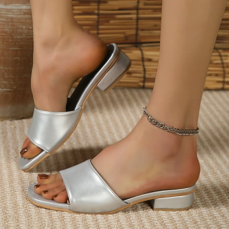 

YOUSNH Ladies Summer Casual Colour Blocking Heel Square Head Outer Wear Big Size Sandal Slippers Womens Sandals Silver 7.5(39)