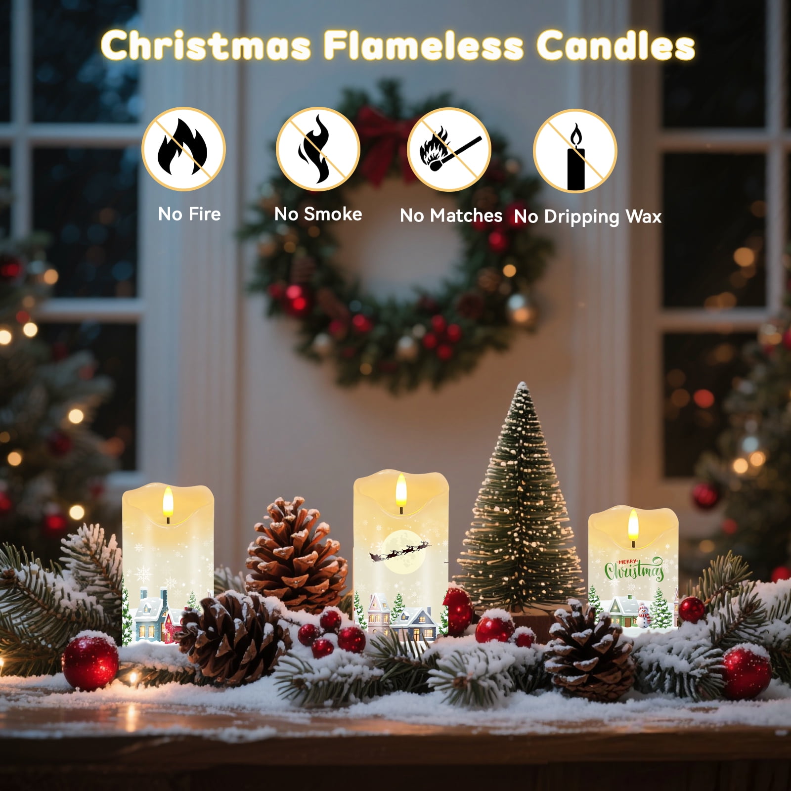 Christmas Flameless Candles, Set of 3 Flickering LED Candles with Remote & Timer, Dimmable Real Wax Electric Pillar Candles Battery Operated for Home Christmas Decor