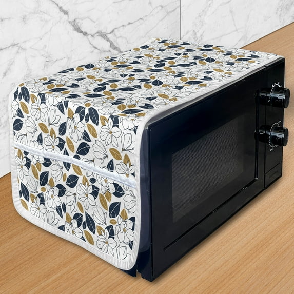 Garden Microwave Oven Cover, Hand Drawn Repeating Floral Illustration of Magnolia Flowers Leaves, Water Resistant Organizer with Pockets for Kitchen, 36" x 12", White Pale Coffee Indigo, by Ambesonne