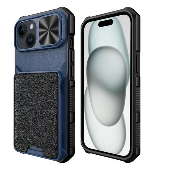 Dteck for iPhone 15 Plus Detachable Wallet Case with Card Holder, Military Grade Protection Sliding Camera Cover Magnetic Wallet Credit Cards Rugged Phone Cover for iPhone 15 Plus, blue