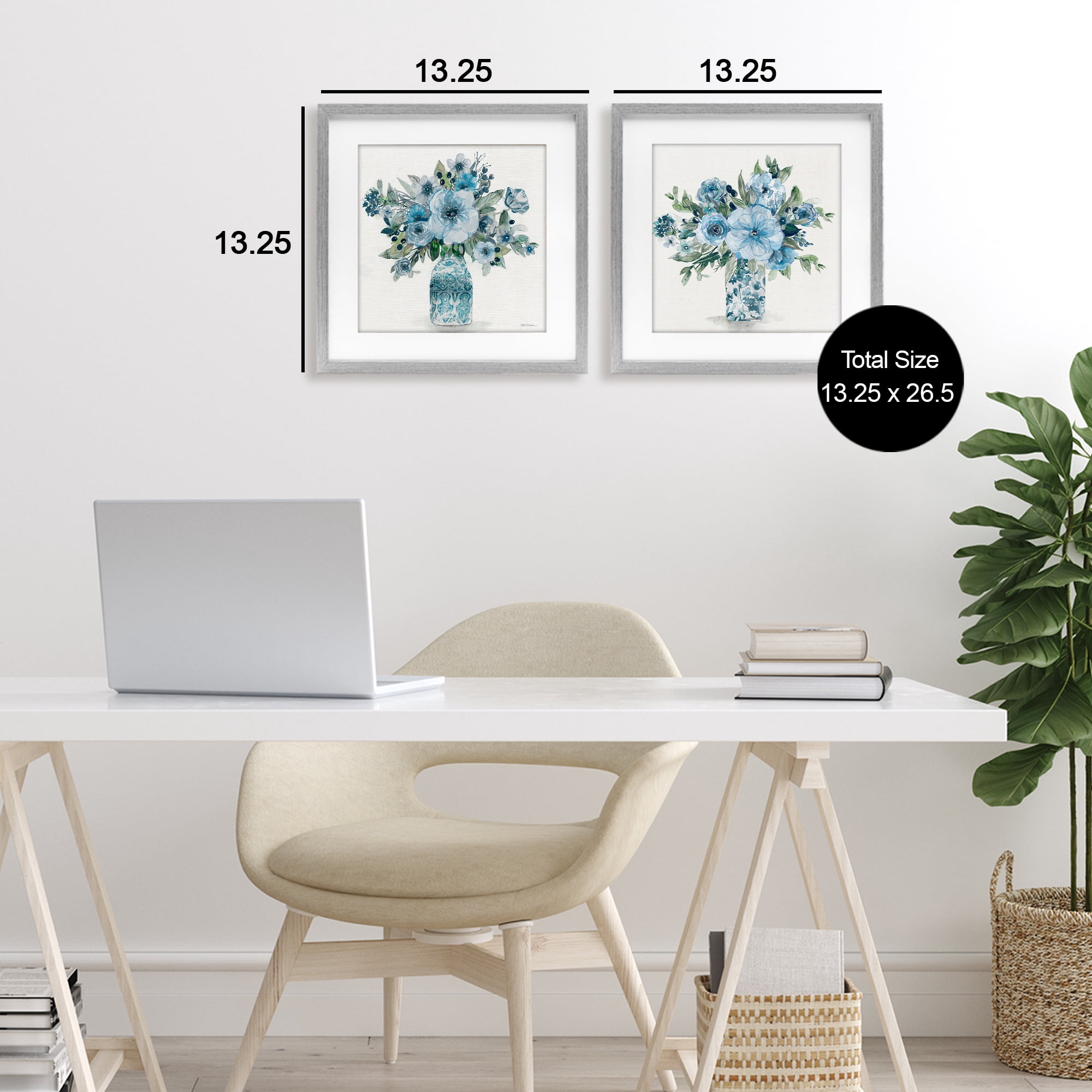 Stupell Industries Pastel Blue Floral Vase Arrangements 2 Piece Gray Framed Print Under Glass Set, design by Carol Robinson