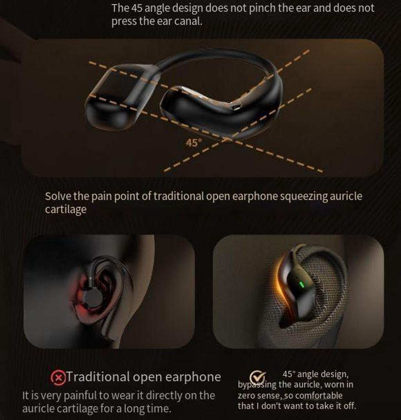 Open Ear Headphones with Touch Screen Air Conduction Earphone Wireless Bluetooth 5.4 Open Ear Headphones with Noise Cancellation, Earbuds with Earhooks for Workout Driving Walking, Black
