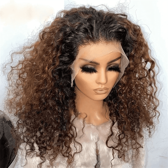 26 Inch Kinky Curly Glueless Ombre Brown Synthetic Hair 180�nsity|Lace Front Wig | Preplucked Baby Hair & Heat Resistant | Daily Wig for Women)
