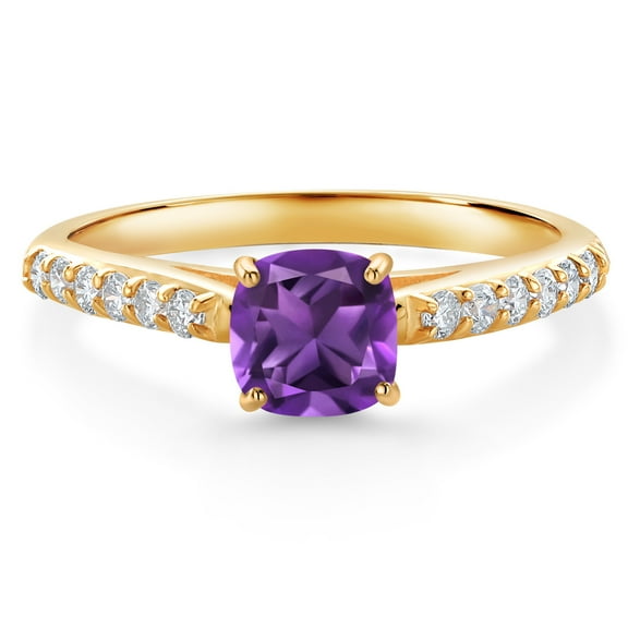 Gem Stone King 0.72 Ct Cushion Purple Amethyst G/H Lab Grown Diamond 10K Yellow Gold Engagement Ring (Size 8)