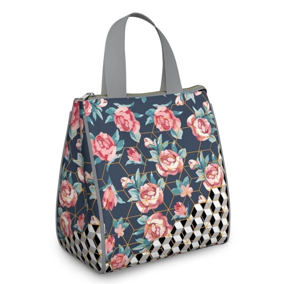 Pioneer Flower Floral Print Pattern Insulated Lunch Bag for Women & Adults,Large Portable Soft Cooler Lunch Bag,Thermal Food Storage Tote with Pearl Cotton,8.66L,8.75x5.75x9.5 Inch
