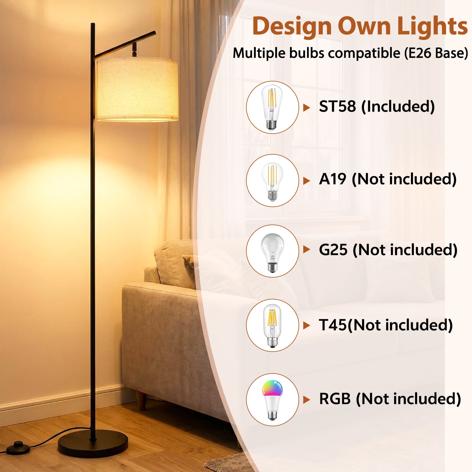 64" Floor Lamps for Living Room with Remote Control 3 Color Temperature Dimmable Standing Lamp Tall Pole Lamps for Bedroom, Office,Gold,Bulb Included