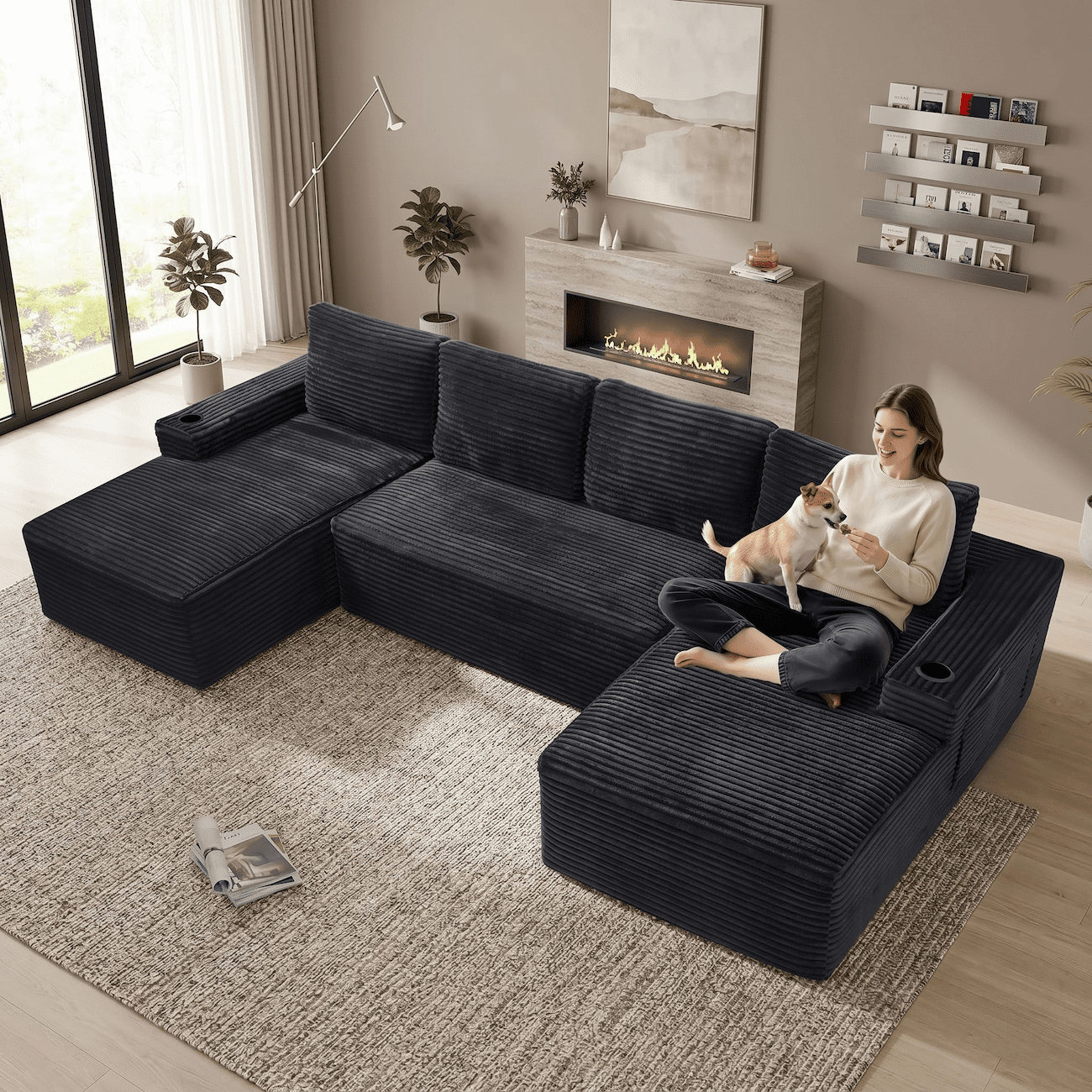 Xiweot 133" Cloud Boneless Sectional Couch, Modular Sectional Sofa with Chaise, U Shaped Memory Foam Corduroy Couch with Cup Holders & Side Pockets, No Assembly Deep Seat Sofa for Living Room, Gray