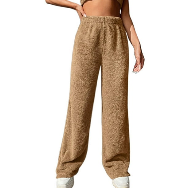 Bellella Women Sleepwear Straight Leg Lounge Pant High Waisted Fleece  Pajama Pants Soft Solid Color Sleep Trousers Ladies Dark Brown XL 