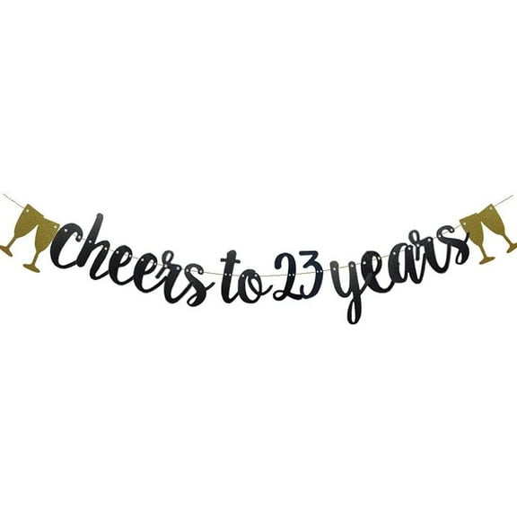 Cheers To 23 Years Banner,Pre-Strung, Black Paper Glitter Party Decorations For 23RD Wedding Anniversary 23 Years Old 23RD Birthday Party Supplies Letters Black