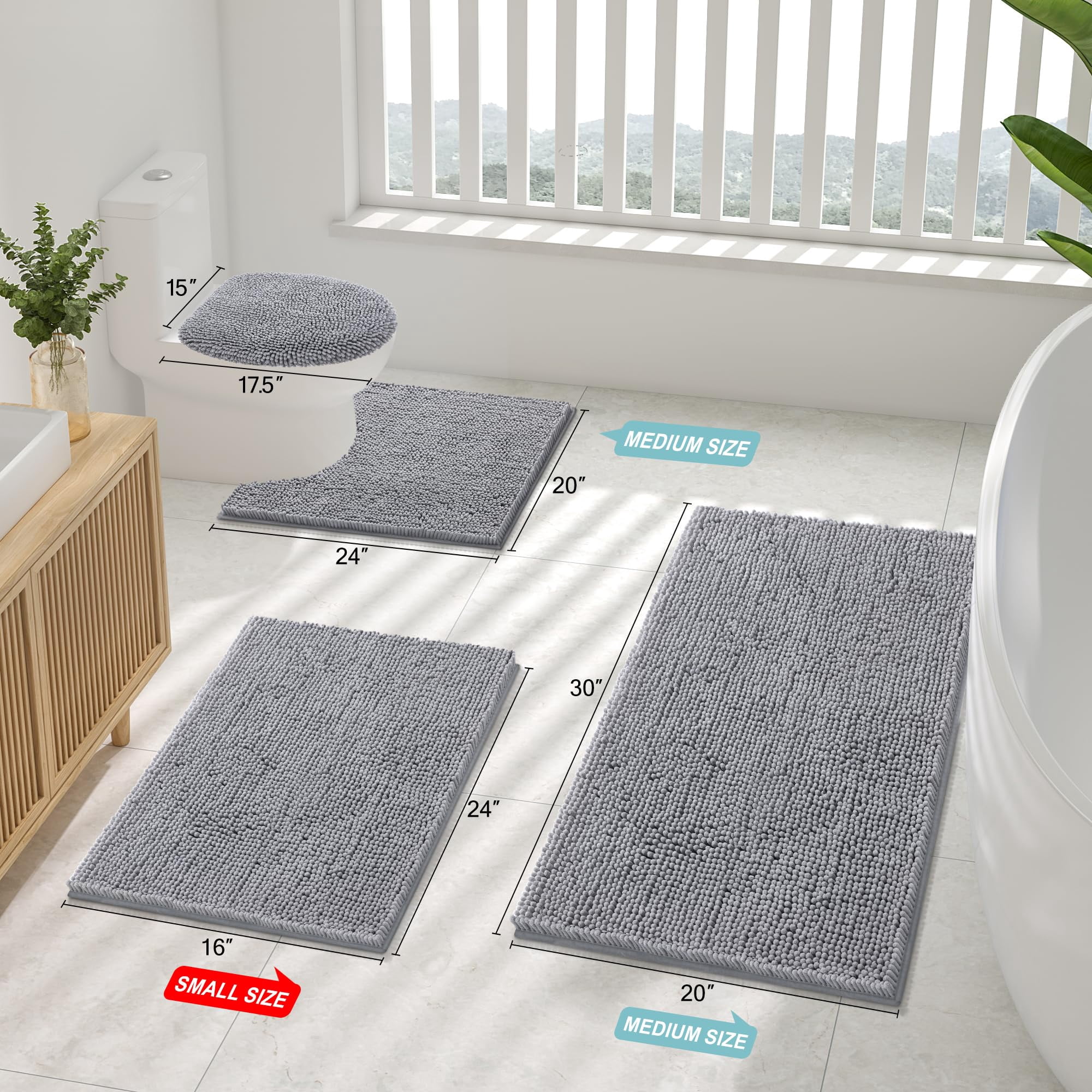 Smiry Bathroom Rugs Sets 2 Piece, Soft Absorbent Chenille Bath Rug Set, Non Slip Machine Washable Shaggy Bath Mats for Tub, Shower, and Floor (30x20+24x16, Grey)