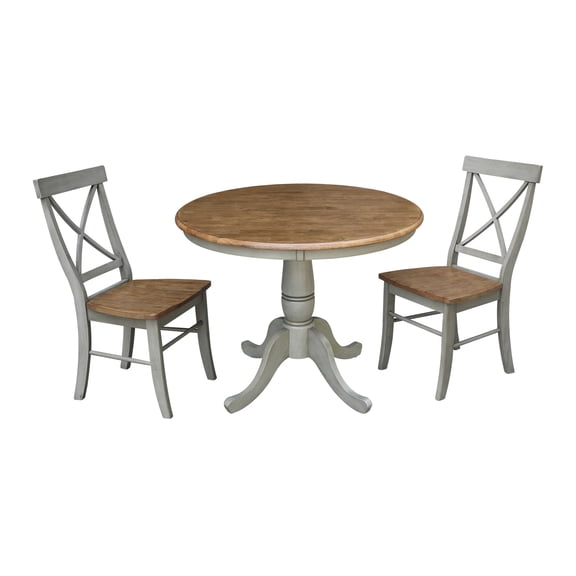 36" Round Solid Wood Distressed Hickory/Stone Dining Table With 2 Chairs