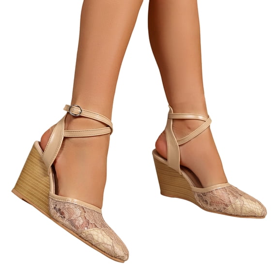 Rokment Women's Lace Flower Wedge High Heels Dressy Sandals Bridal Elegant Delicate Crochet Pointed Closed Toe Chunky Heeled Dress Pumps Strappy Shoes for Summer Fall Beige Size 6