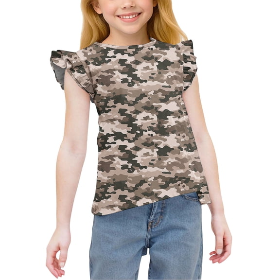 hengsof Girls' Sweet Ruffled Short Sleeve Shirts Kids Fashionable Printing Crew Neck Tops Comfortable Casual Summer T-Shirts