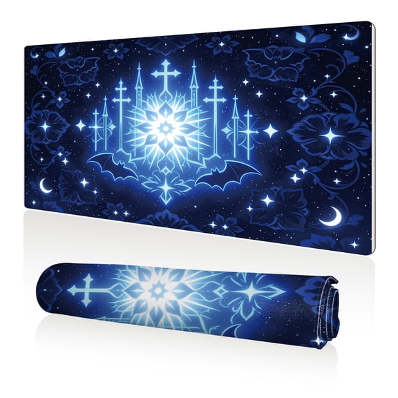 LIVEKEY Mouse Pad 80x40cm Extra Large Non Slip Stitched Durable Easy Clean Gothic Blue Floral Cross Bat Moon Star Pattern for Gaming Office