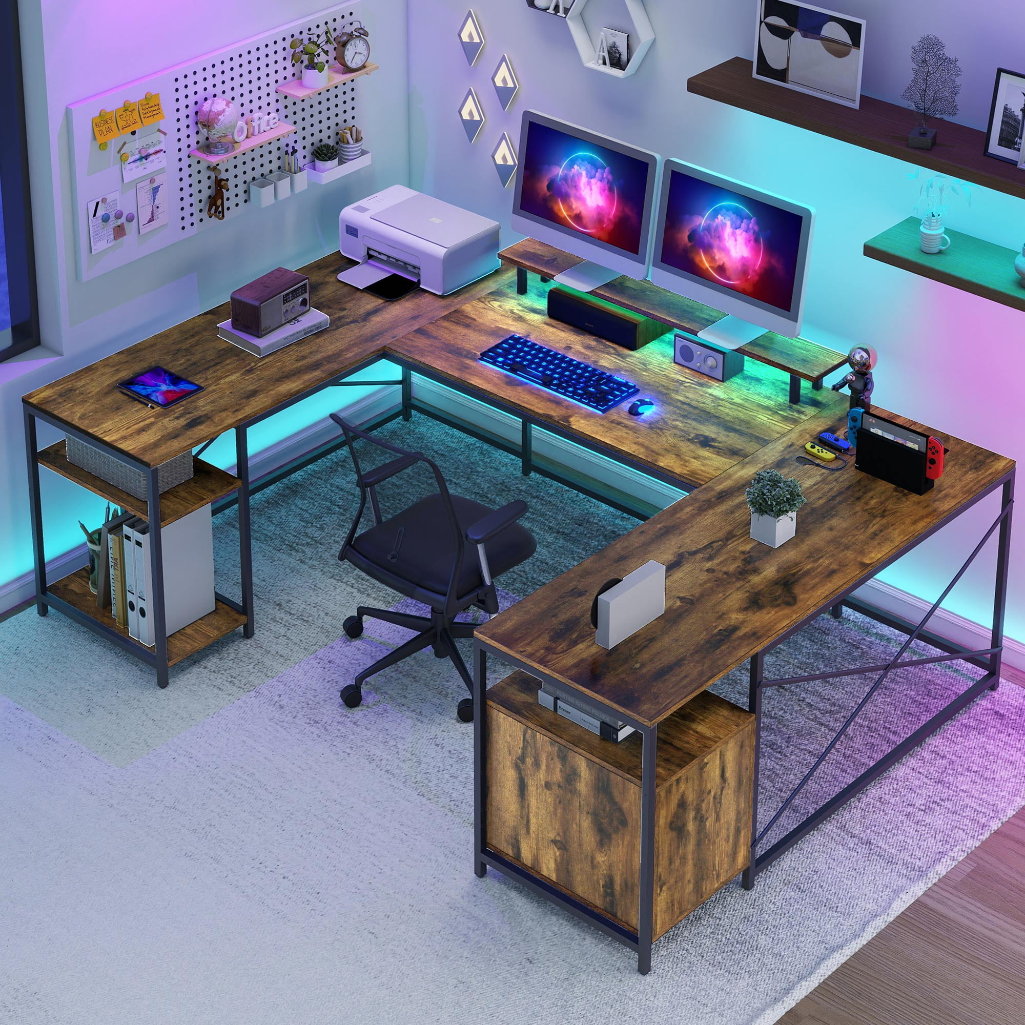 DWVO L Shaped Desk with Power Outlets & LED Lights, Reversible Computer Desk with Storage Shelves, U Shaped Gaming Desk with Monitor Stand 2 Person Large Corner Office Desk, Rustic Brown