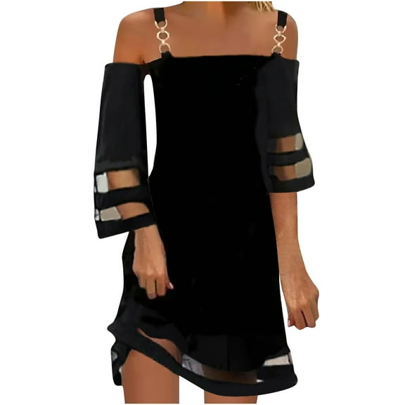 QUYUON Women's Cold Shoulder Tunic Dress Summer Backless Off the Shoulder 3/4 Sleeve A-Line Black Dress for Women Wedding Guest Evening Party Cocktail Dresses Style D-4245 Black XXL