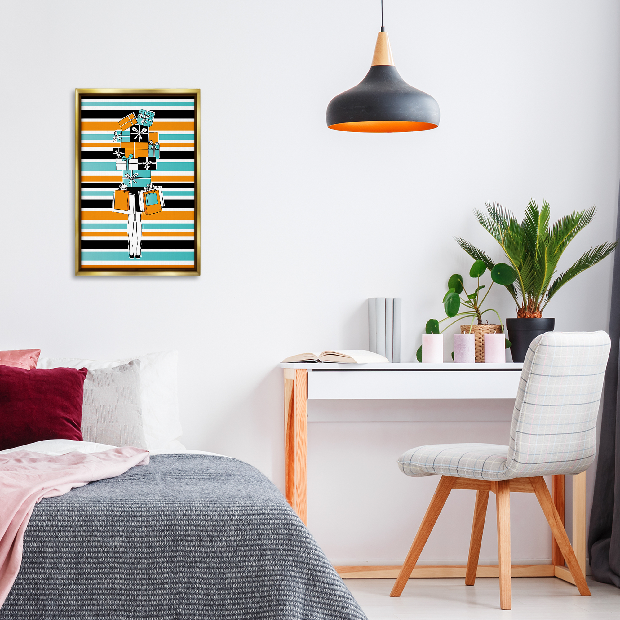 Stupell Industries Stacked Shopping Boxes Beauty & Fashion Painting Gold Floater Framed Art Print Wall Art, 17 x 25