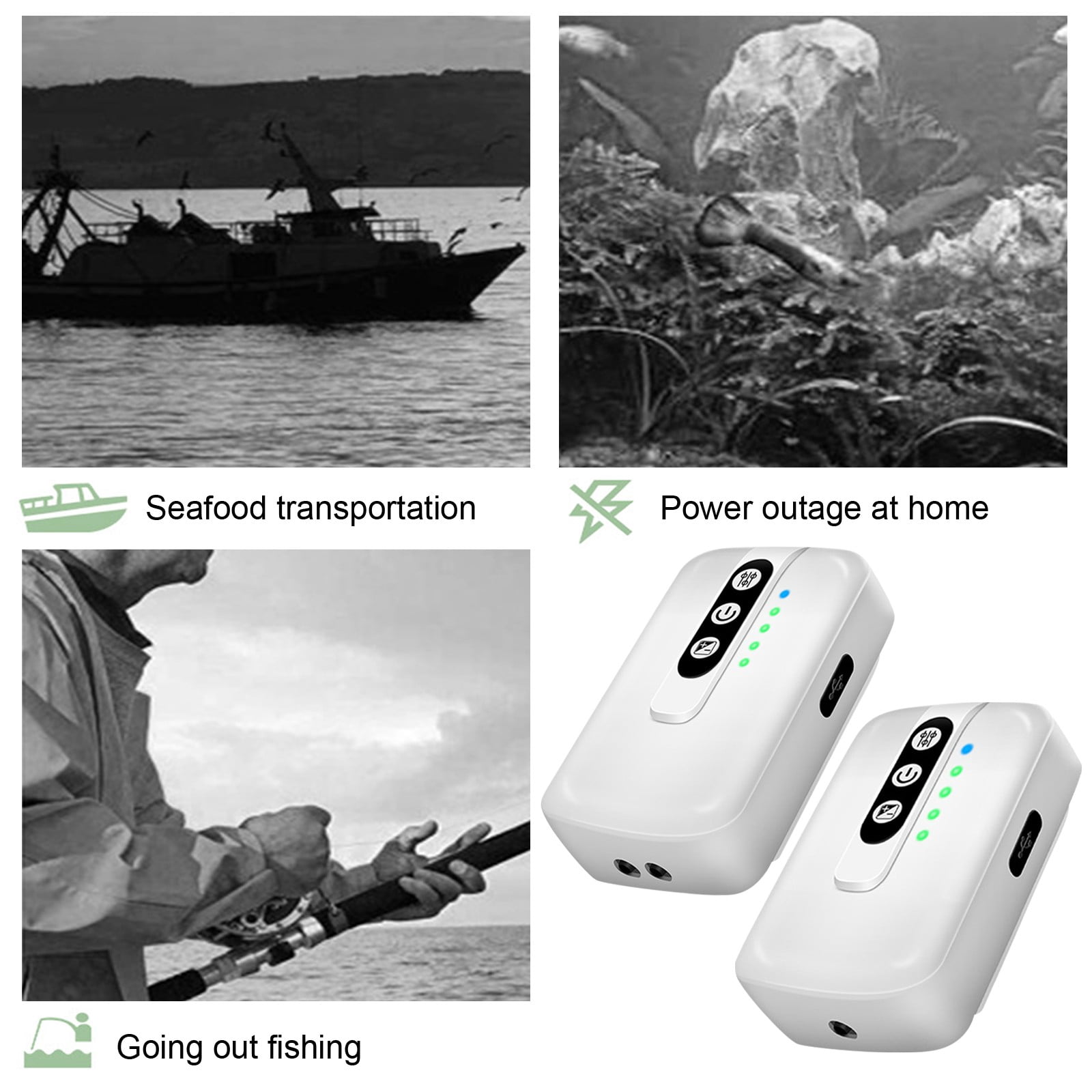 Rechargeable Power Powered Air Pump for Fish Tank, Single Outlet Adjustable Flow Portable Aerator for Fish, Aquarium Accessory with Air Stone for Boats for Fishing, Emergency Use