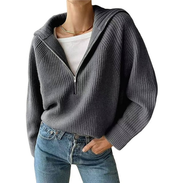 Suéter Informal Holgado de Punto Acanalado con Cuello en V y Larga para Mujer, con Cremallera de un Cuarto, para Invierno y Otoño Gris M