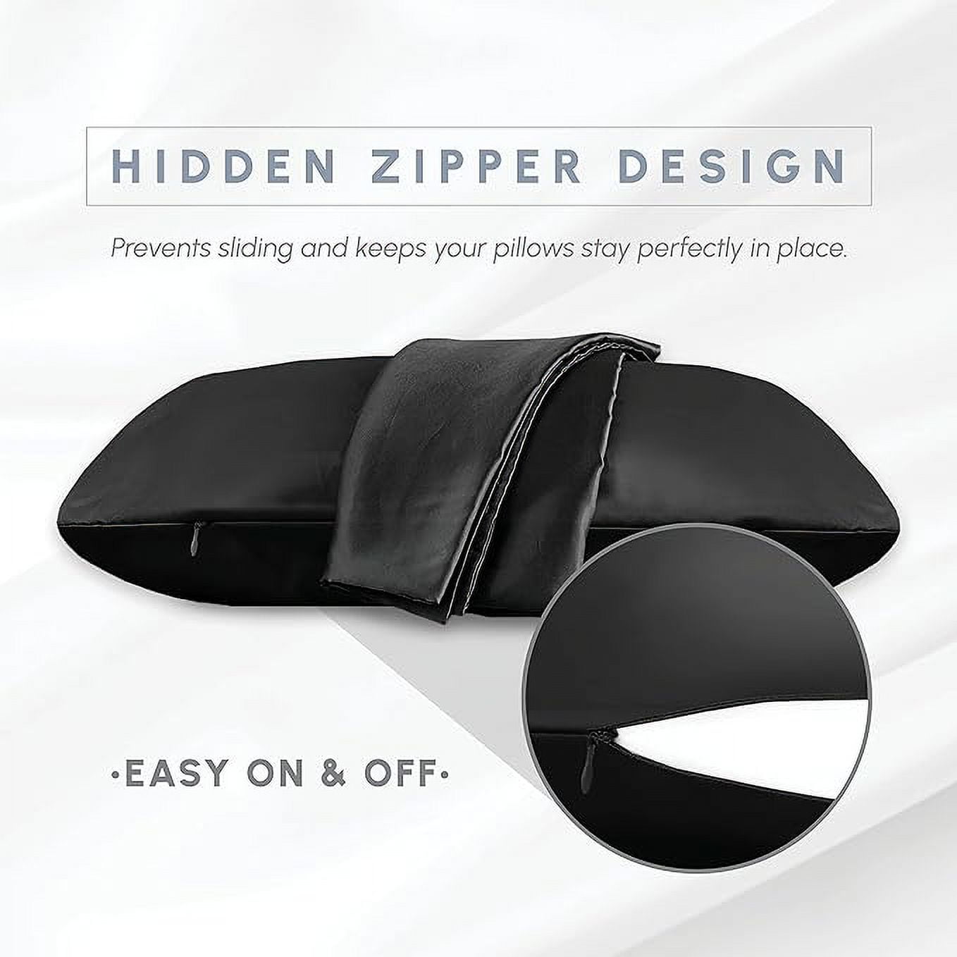 2 Pieces Satin Pillowcase Set with Hidden Zipper closure, King, Black