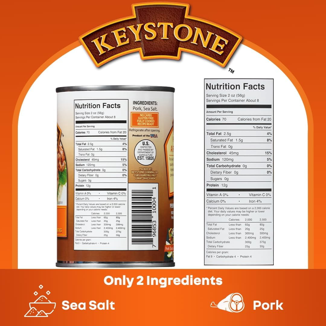 Keystone All Natural Canned Pork, 14.5 oz (12 Pack)– Fully Cooked, Ready to Eat, Gluten Free Survival Food | Emergency Prepper Pantry Staple | Long-Term Storage Meat for Camping, Hiking & Backpacking
