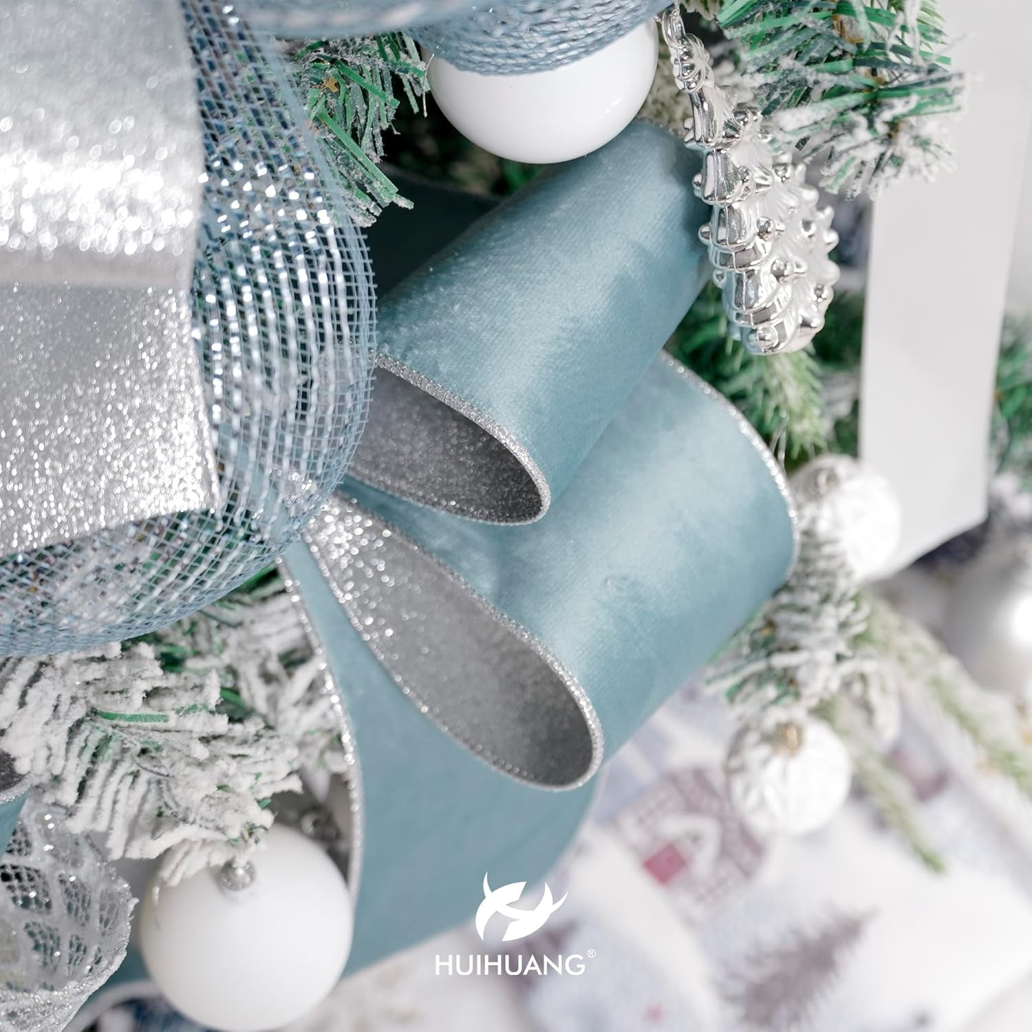 Christmas Velvet Wired Ribbon 4 inch Dusty Blue Velvet with Silver Glitter Wired Ribbon for X-mas Trees Decoration, Large Bows, Holiday Crafts, Wreaths Supplies- Continuous 10 Yards