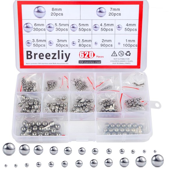 Breezliy Bola de acero inoxidable 304, 620 piezas, 1-8 mm, precisión métrica, surtido de rodamientos de bicicleta sueltos, kit surtido de bolas de acero (12 tamaños)