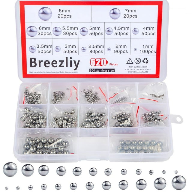Breezliy Bola de acero inoxidable 304, 620 piezas, 1-8 mm, precisión métrica, surtido de rodamientos de bicicleta sueltos, kit surtido de bolas de acero (12 tamaños)