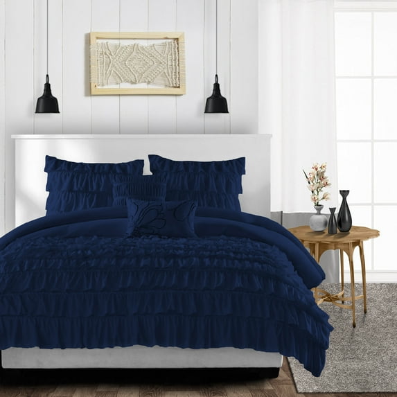 Oversized Queen Comforter Multi Ruffle Navy Blue Luxurious Collection Microfiber Fill Duvet Insert Box Stiched Quilted Fluffy Soft All Season Comforter with Pillowcases & Premium Piping