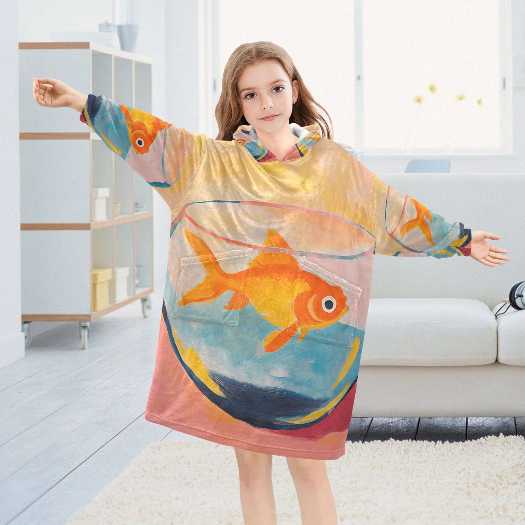 FORMRS Wearable Blanket Hoodie with Sleeves for Kids Cozy Flannel Sweatshirt, Goldfish