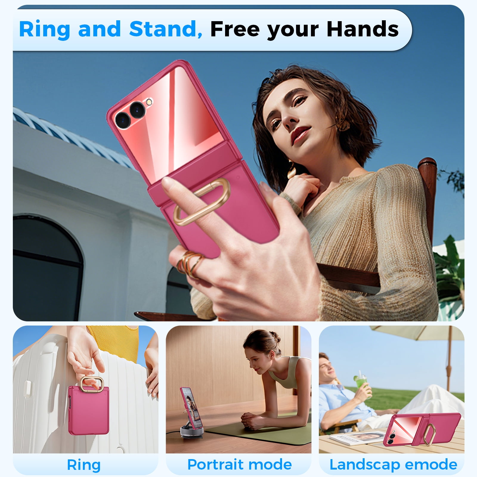 Vizvera for Samsung Galaxy Z Flip 7 Case with Ring Holder & Screen Protector & Hinge Protection,Wireless Charging,Skin Feel Matte PC,Shockproof Phone Case-Rose Red