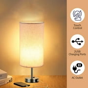 Touch Control Table Lamps, Bedside Lamps with 2 USB Charging Ports&AC Outlet, 3-Way Dimmable Bedside Nightstand Lamps with Fabric Shade(Bulb Included)