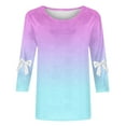 thumbnail image 6 of LEKWK Long Sleeve Tops for Women Casual Slim Fit Crew Neck Long Sleeve Shirts Regular Fit Blue Gradient Ombre Casual Tops Bow Knot Sleeve Detail Spring Daily Outfits, 6 of 6