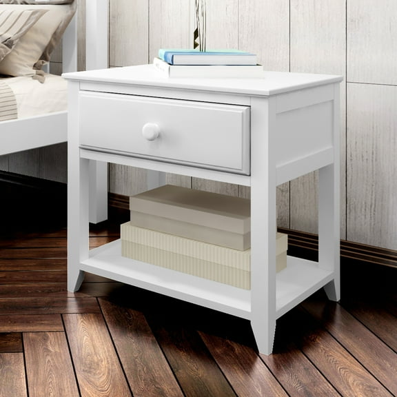 Plank Beam Solid Wood Nightstand with Storage Drawer and Shelf, White