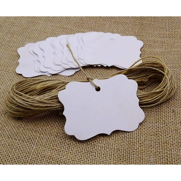 100 Pcs Gift Tags/ Hang Tags with Free Strings, Scalloped Tag Style Color Rectangular With Heart Punched