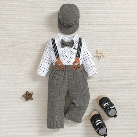 

Toddler Boys Outfit Sets Long Sleeve Shirt Tops And Pants Hat Three Piece Gentleman Bowtie Overalls