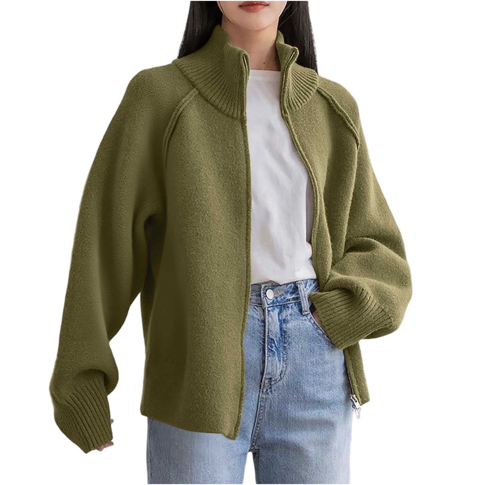 Womens Knit Sweater Full-zip Jacket Double Zippers High Neck Loose