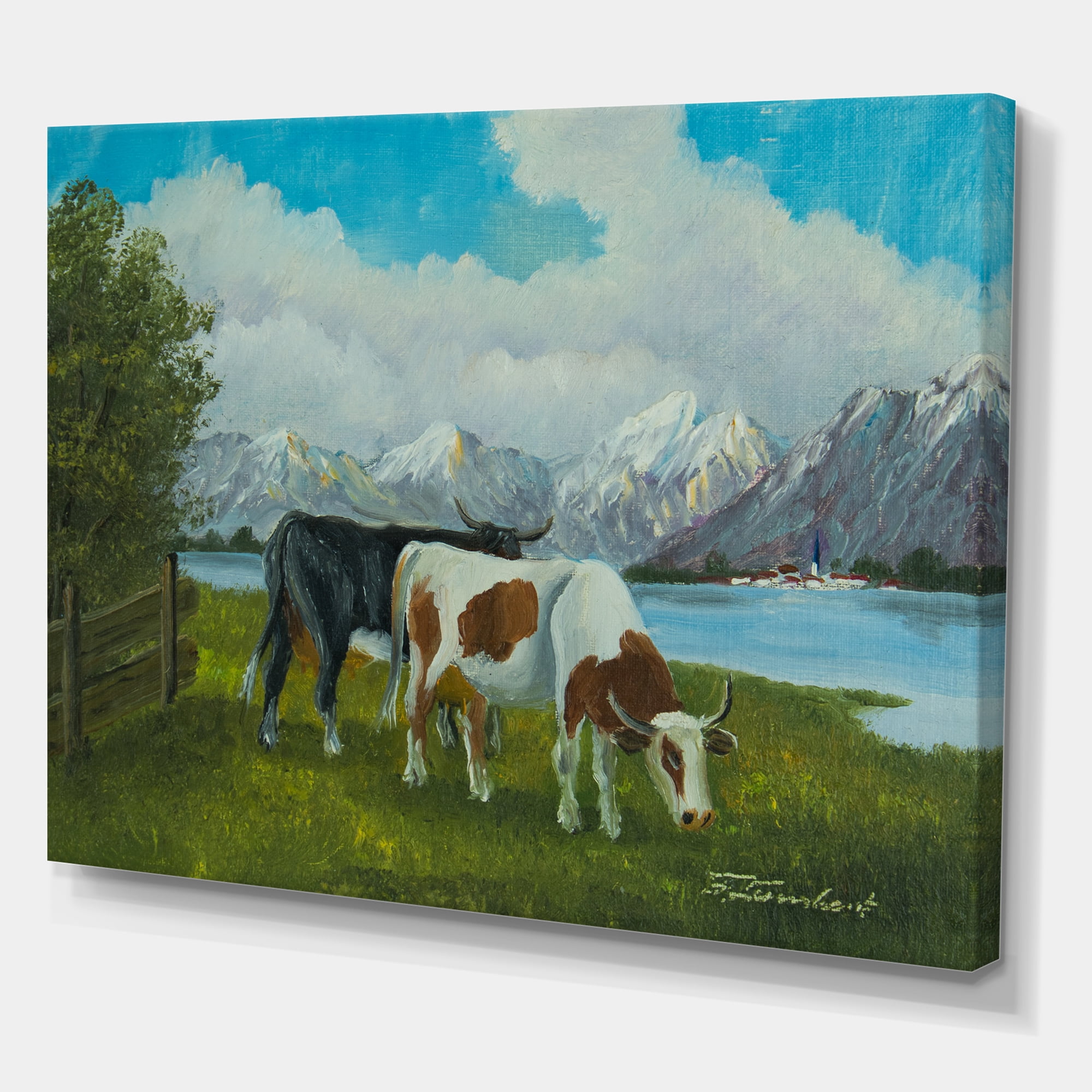 Designart ' Cows Eating Grass In Front Of A Lake ' Farmhouse Canvas Wall Art Print