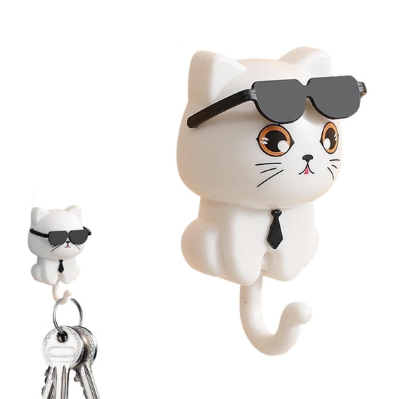 Cat Key Holder for Wall with Sunglasses, No Drill Adhesive Hooks for Keys, Hats, Coats & Towels, Cute Cartoon Cat Wall Decor for Apartment, Kitchen, Office and Bathroom Organization, White