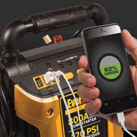 EVERSTART MAXX 1000 PEAK AMP JUMP STARTER WITH 120 PSI COMPRESSOR, PIVOTING LED LIGHT, 3X USB PORTS