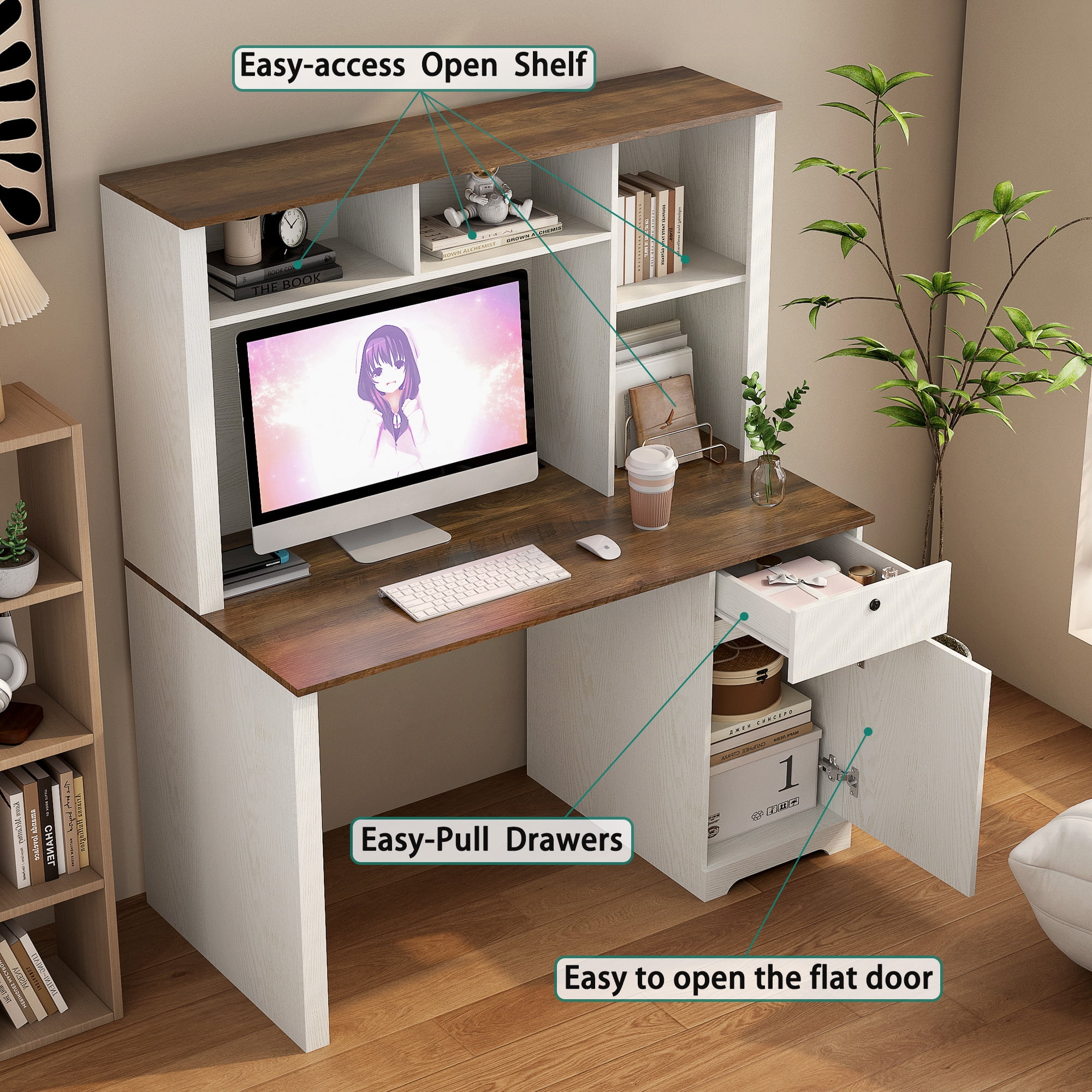 Aukfa Computer Desk with Hutch & Power Outlets for Home,Wood Teens Student LED Writing Desk,Gray