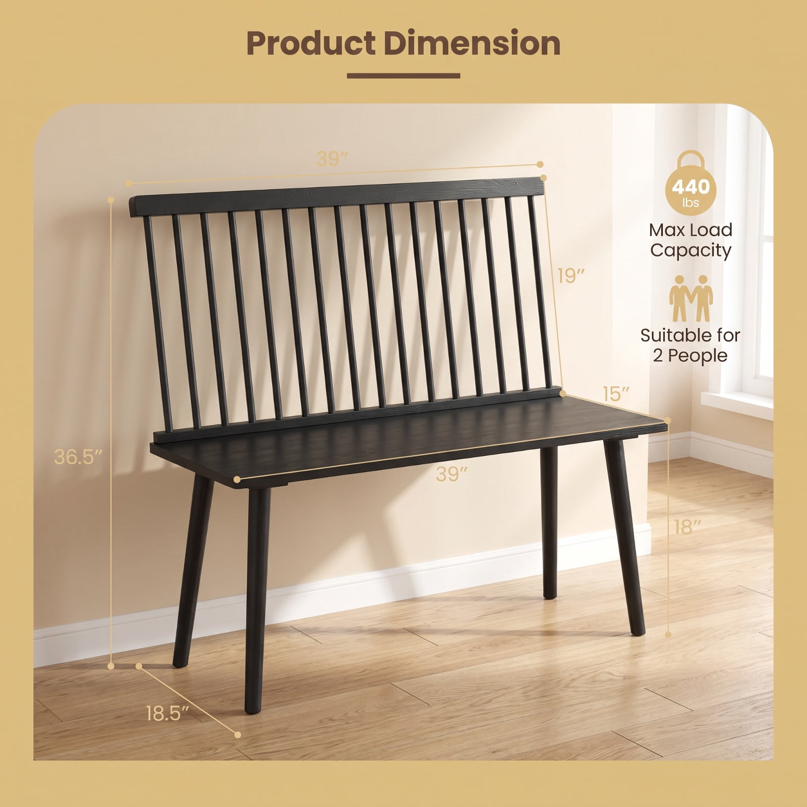 Furnibear Entryway Bench for 2 with Spindle Back for Kitchen Dining Room and Hallway