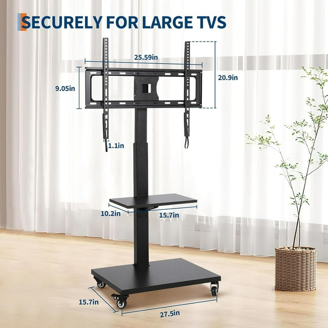 OUYAWEI Support TV Portable Roulant Roues Verrouillables 32-75 Po Écran Plat Incurvé Prise de Courant Hauteur Réglable Tablette Plateau Noir