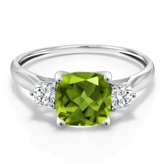 Gem Stone King 1.96 Cttw 10K White Gold Green Peridot and White Moissanite 3-Stone Engagement Ring | Cushion 7MM and 3MM | Three Stone Wedding Anniversary Promise Ring for Women (Size 6)