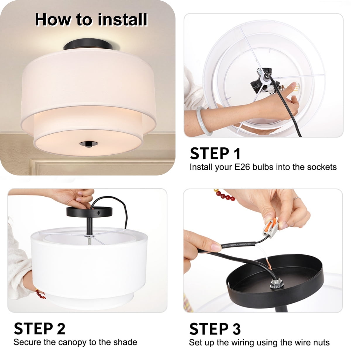 FRIDEKO HOME 3-Light Semi Flush Mount Ceiling Light Fixture, 12.6inch Modern Ceiling Light with 2-Layer White Drum Fabric Shade for Bedroom,Living Room,Kitchen,Hallway(Without Bulb)