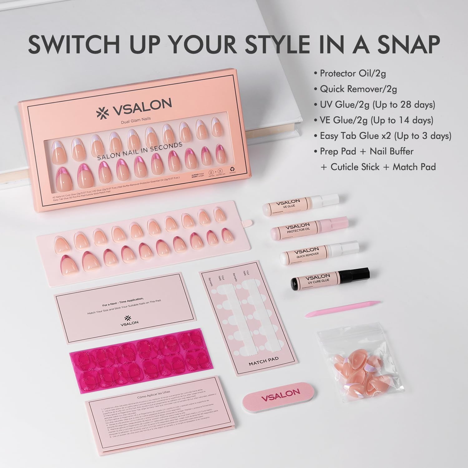 VSALON Press On Nails Short Almond 42 Pcs White Pink French Tip Glitter Chrome Nails in 16 Sizes Reusable Fake Nail Kit With UV Glue Easy Tabs Nail Glue Remover Summer DIY Home Salon Gift For Women