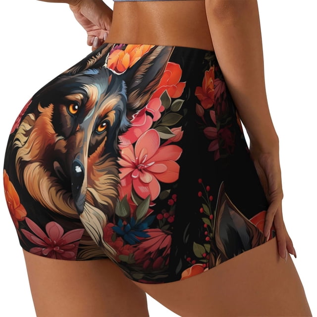 Fotbe Colorful Flower German Shepherd Shorts Sin Costuras – Shorts Deportivos de Cintura Alta para Mujer, Elásticos para Gimnasio, Yoga, Running o Ciclismo-Small