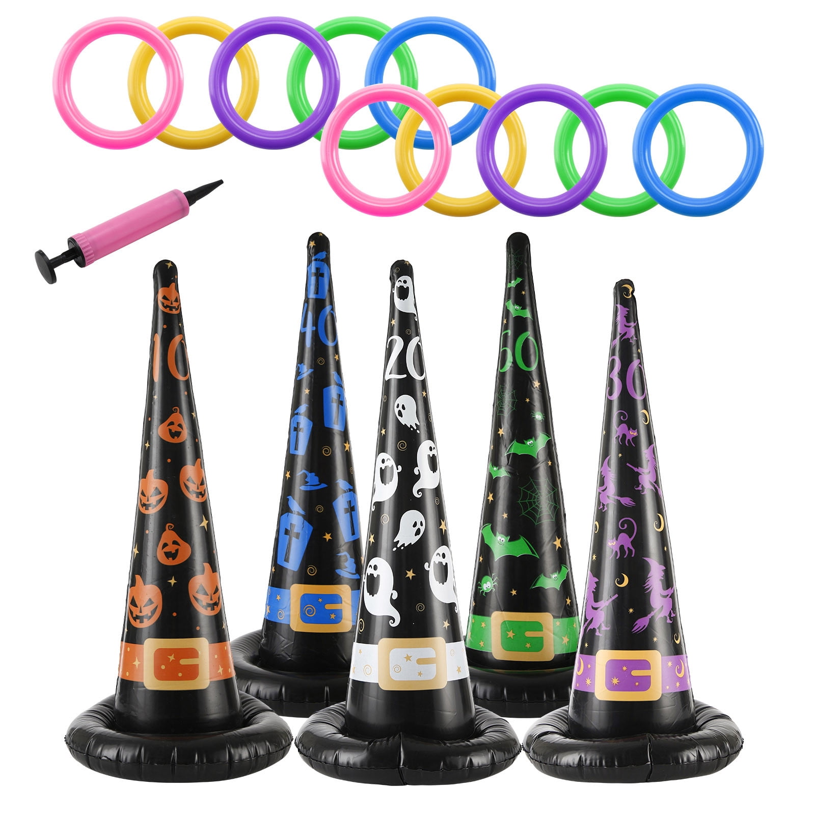 H-Style 5 Pack Halloween Inflatable Ghost Witch Hat Ring Toss Toys 10 Rings with Pump Party Games for Kids and Adults Family Halloween Games for Carnival Party Favors Indoor Outdoor 
