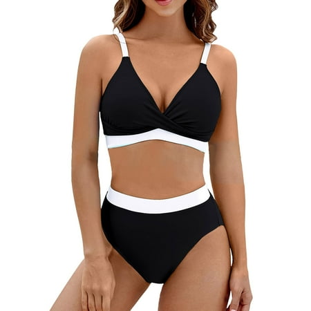 2 Piece Bikinis V-Neck for Women Women s Slimming And Shielding Two Swimsuit With Straps Swim Suits Trendy 2025 Black